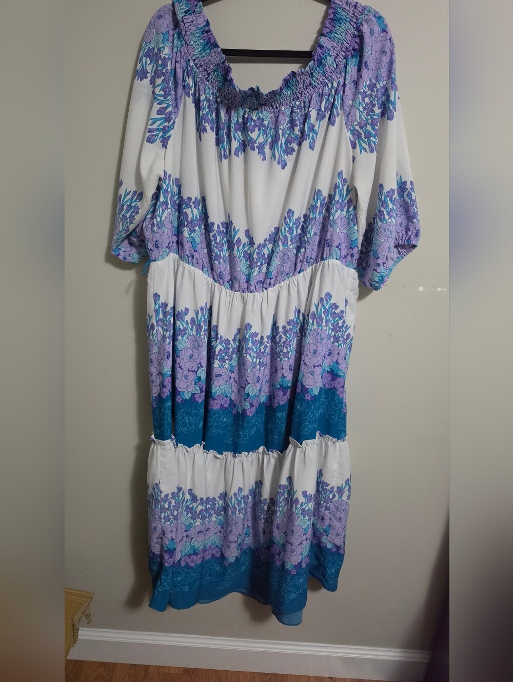 Maison Tara White Midi Dress with Purple & Teal Floral Print